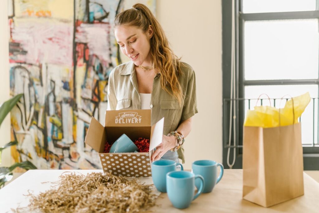 what is branding. Its the whole experience across all touch points. A woman opening a box with mugs inside a box that looks branded.
