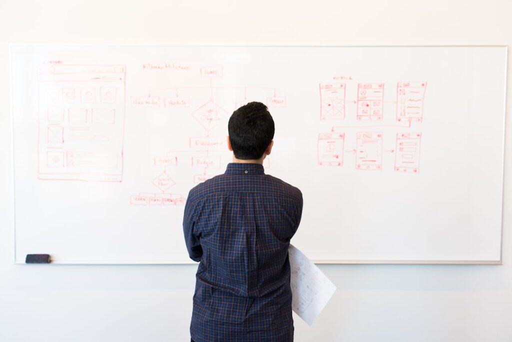 beginner web design tutorials. a guy looking at a wall full of drawings, one is a sitemap.