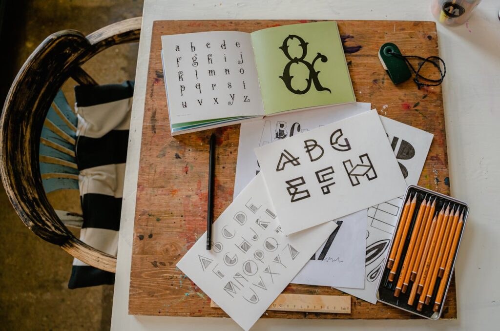 build your own brand identity. Typeface choices reprsented here with several fonts displayed in a book an some sketches of several letters on pieces of paper. there is a box open that has pencils in.