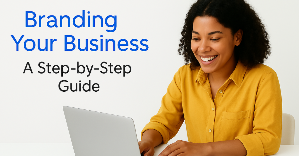 branding your business, a step by tep guide provided by The Design Mentor. A picture of a happy woman on a laptop.