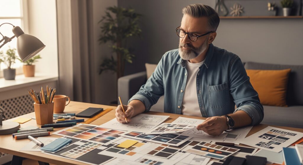 brand development course online, a man wearing glasses, around the age of 50 is sat a desk with lots of colours, and drawing what appear to be logos.
