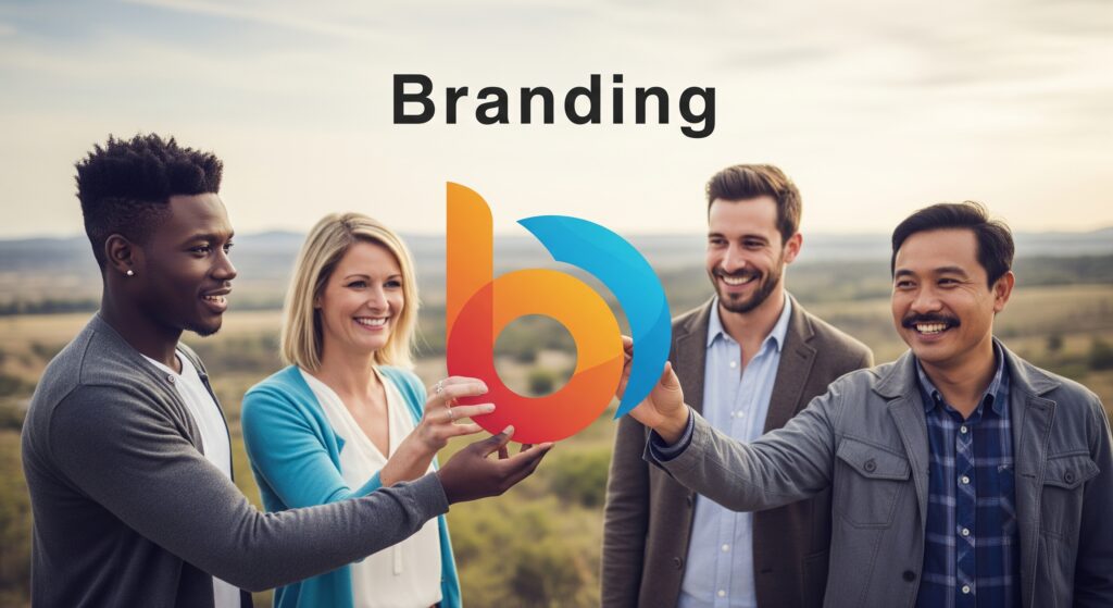 4 people of different ethnicity around a logo in the centre with the word branding above it to try and demonstrate what branding is. It helps real people connect to your business. Get a branding course with certificate today